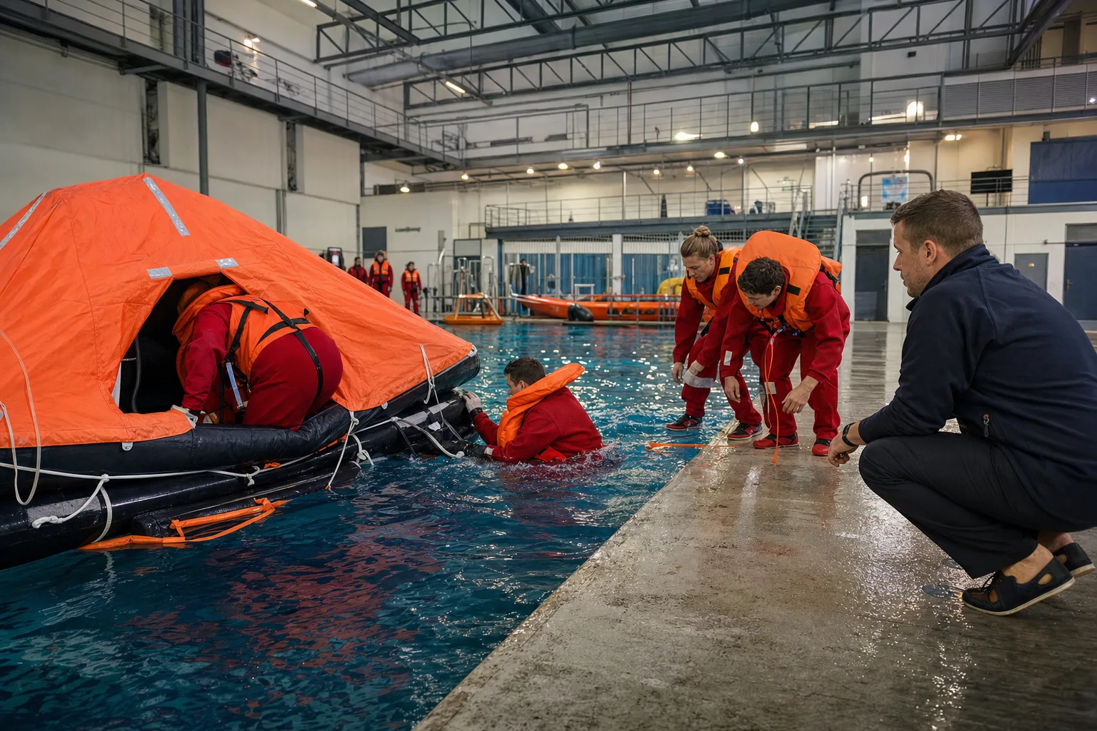 Trainees in lifejackets practising a life-raft drill in an indoor training pool